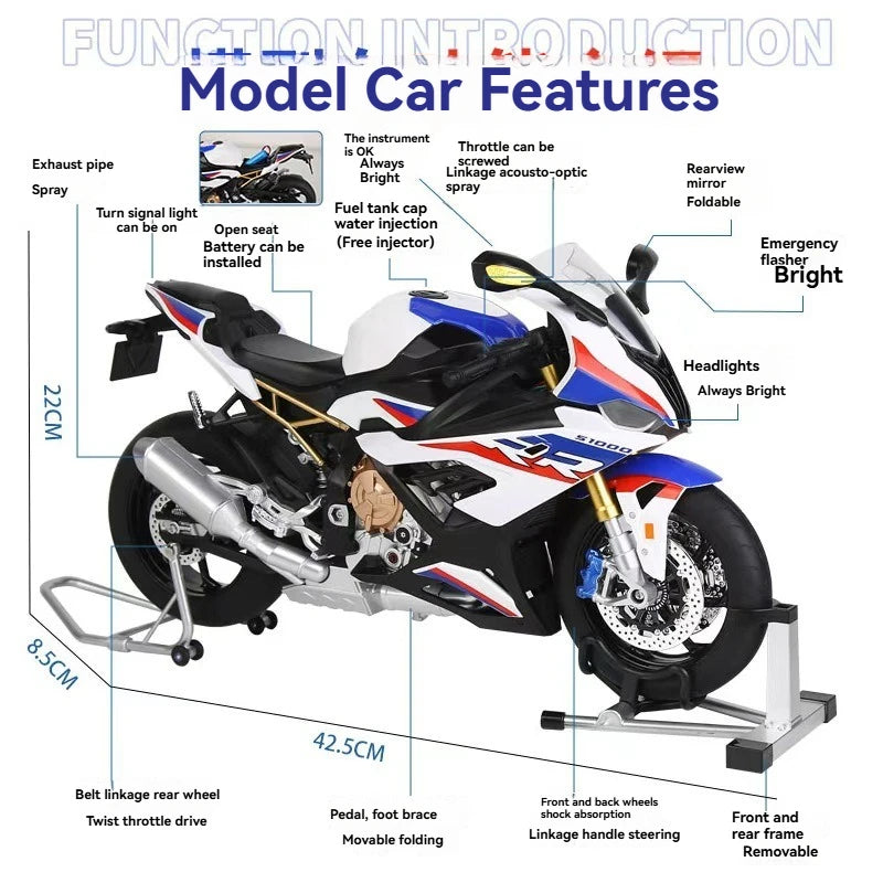 2026 Hot New Style Diecast 1:6 BWM S1000RR Motorcycle with Key Open Spray Lights and Sound