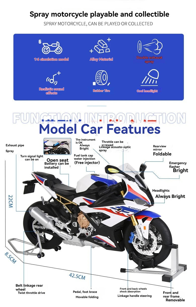 2026 Hot New Style Diecast 1:6 BWM S1000RR Motorcycle with Key Open Spray Lights and Sound
