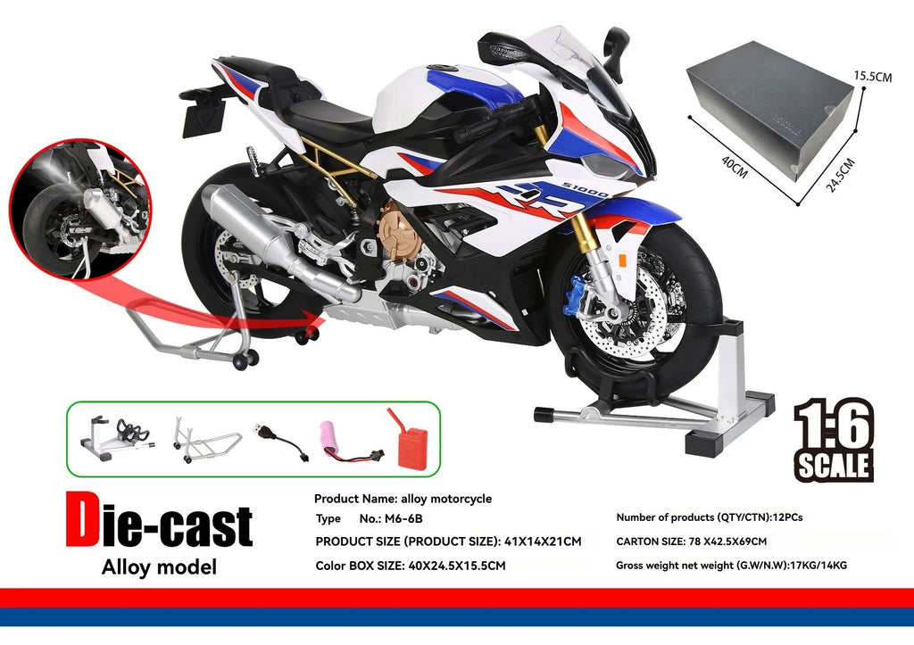 2026 Hot New Style Diecast 1:6 BWM S1000RR Motorcycle with Key Open Spray Lights and Sound