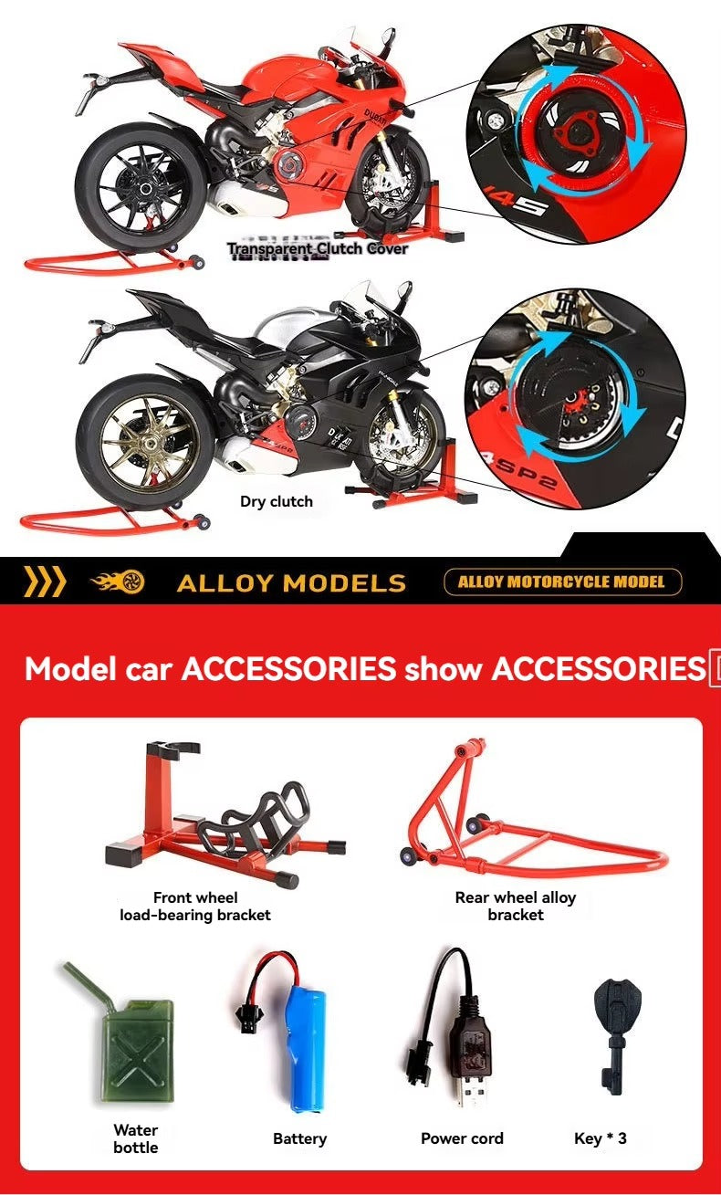 HY Hot New Style Diecast 1:6 Ducati V4S Motorcycle with Key Open Spray lights and Sound