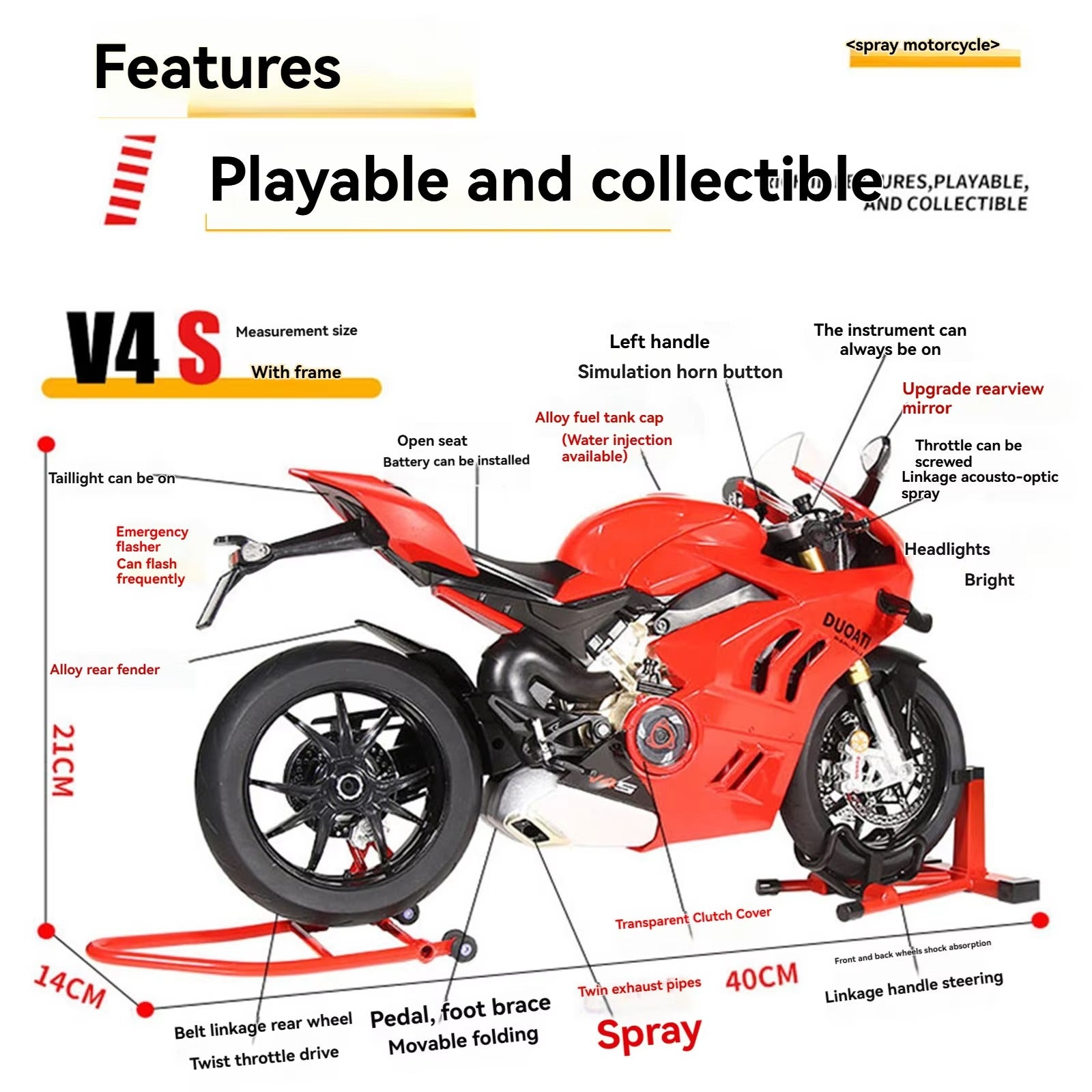 HY Hot New Style Diecast 1:6 Ducati V4S Motorcycle with Key Open Spray lights and Sound